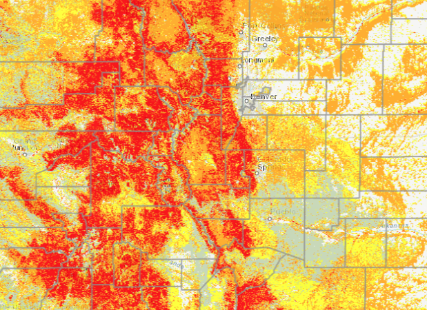 map of Colorado showing zones where wild fired have stuck
